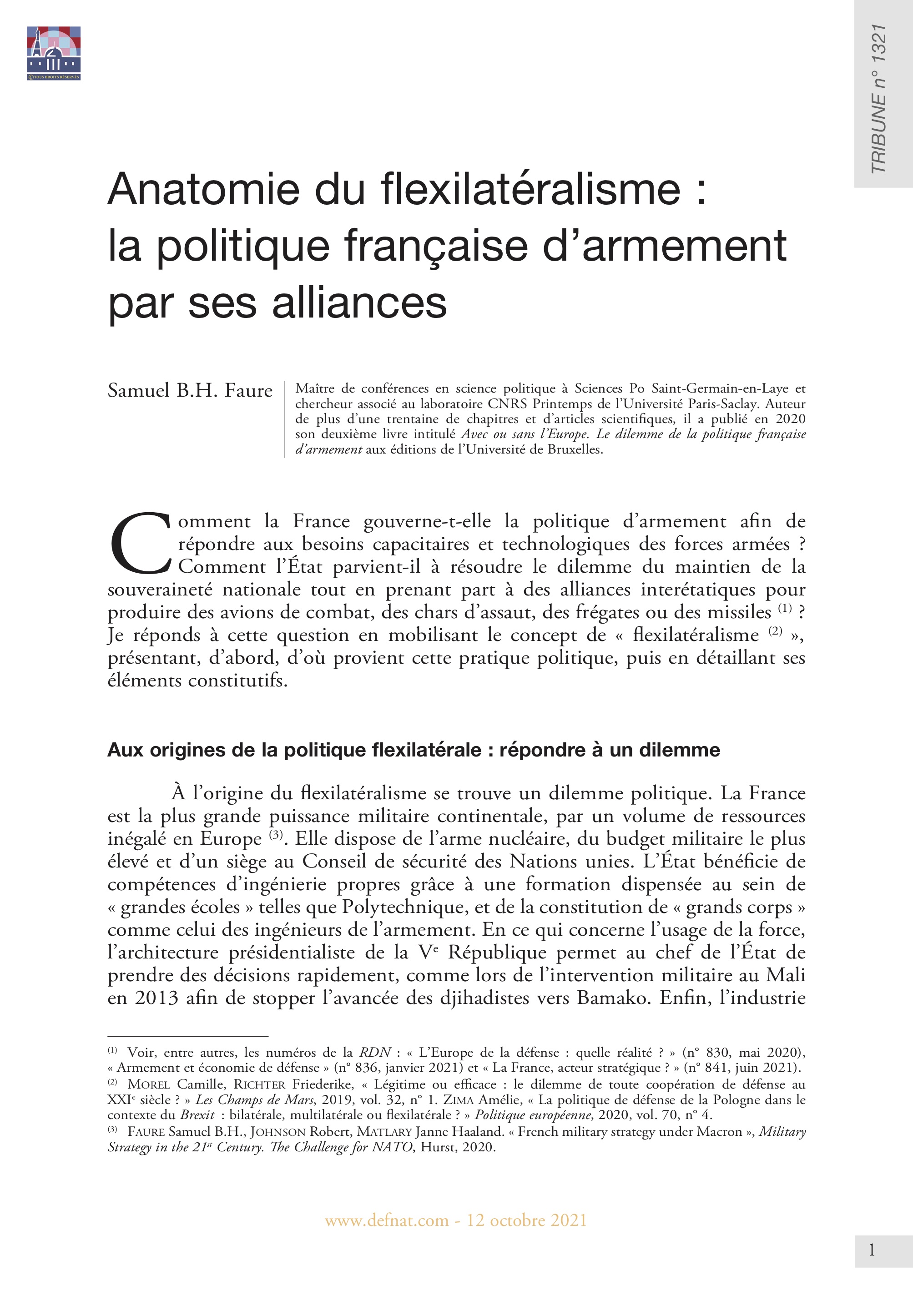 Anatomie du flexilatéralisme : la politique française d’armement par ses alliances (T 1321)
